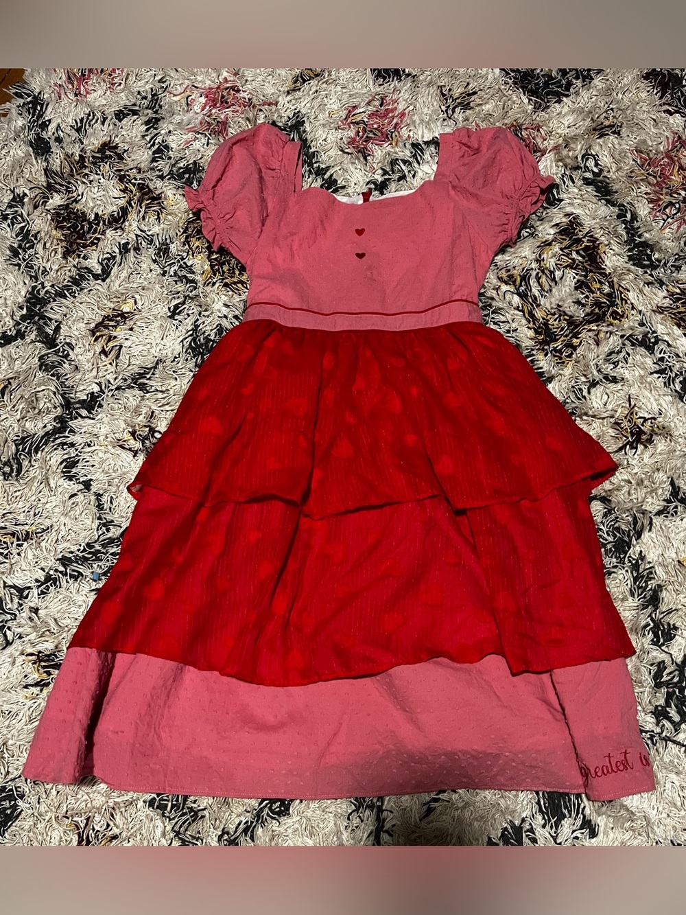 Girls Pink and Red Layered Party Dress with Heart Buttons